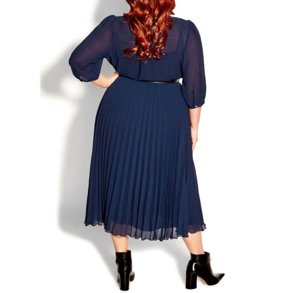 NWT City Chic Love Pleat Dress Long Sleeves Belted Navy Sz L 20 - Picture 2 of 16